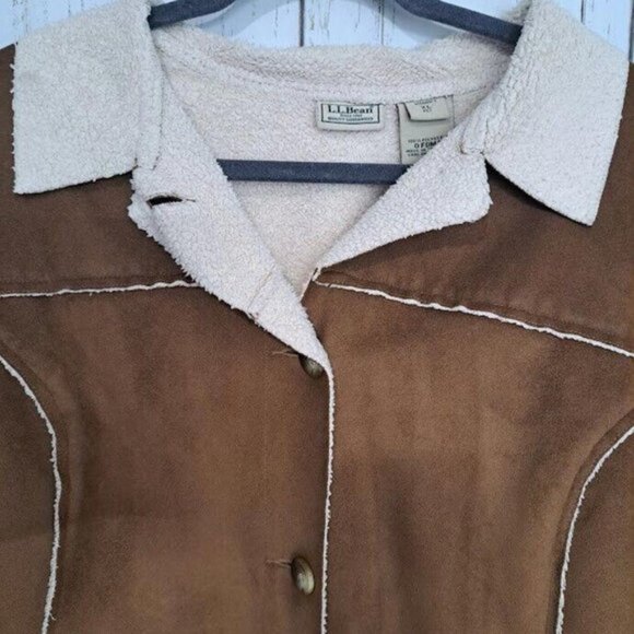 LL Bean Size XL Petite Womens Brown White Suede Sherpa Button Down Jacket - Picture 6 of 8